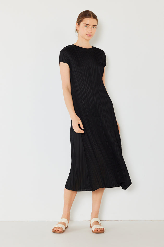 Pleated cap sleeve A-line midi dress - D01CS_Black