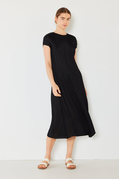 Pleated cap sleeve A-line midi dress - D01CS_Black