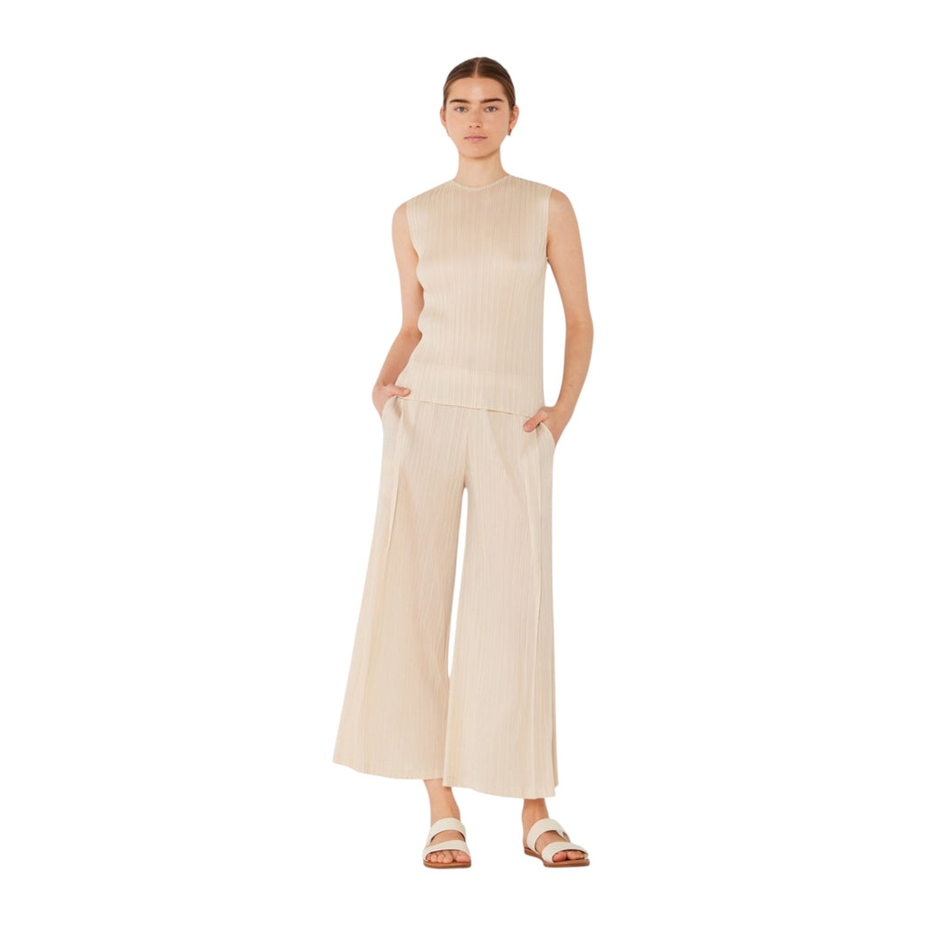 Pleated wide-leg cropped pants w/side pleat - P03WP_Beige