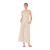 Pleated wide-leg cropped pants w/side pleat - P03WP_Beige
