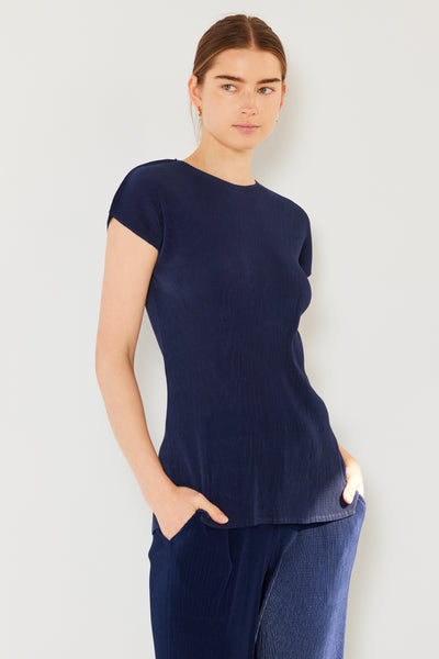 Pleated cap sleeve top - T03CS_Navy